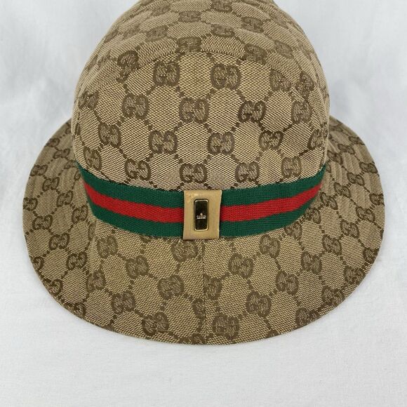 Vintage GUCCI Bucket Hat Sherry Line Size S Red Green Monogram GG Canvas Logo - Picture 1 of 12